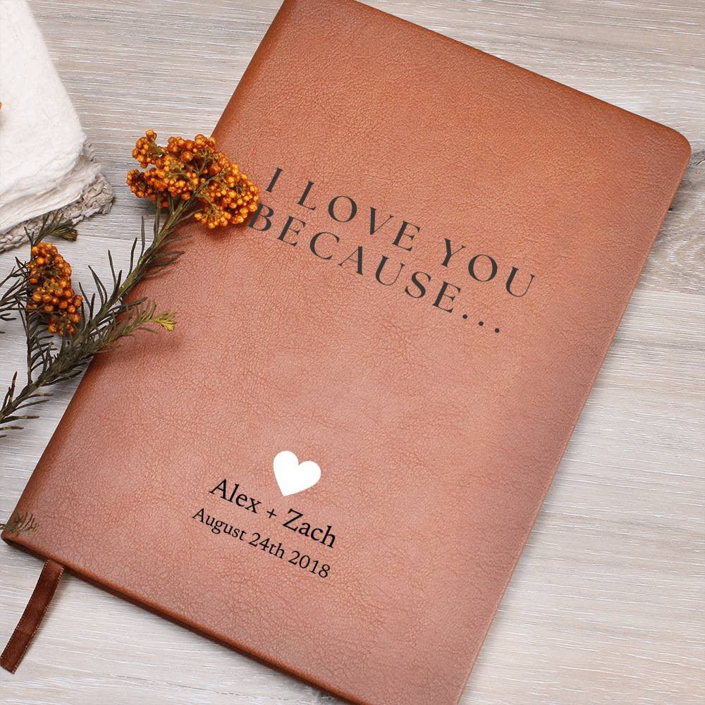 Personalized Leather Journal - I Love You Because - Custom Leather Notebook For The One You Love - Wedding or Anniversary Gift - Love Letters, Memory Book - Liliana and Liam