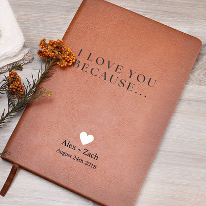 Personalized Leather Journal - I Love You Because - Custom Leather Notebook For The One You Love - Wedding or Anniversary Gift - Love Letters, Memory Book - Liliana and Liam