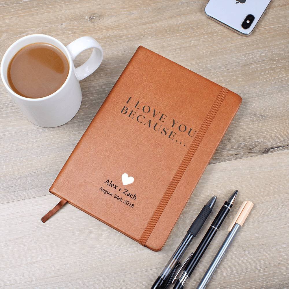 Personalized Leather Journal - I Love You Because - Custom Leather Notebook For The One You Love - Wedding or Anniversary Gift - Love Letters, Memory Book - Liliana and Liam