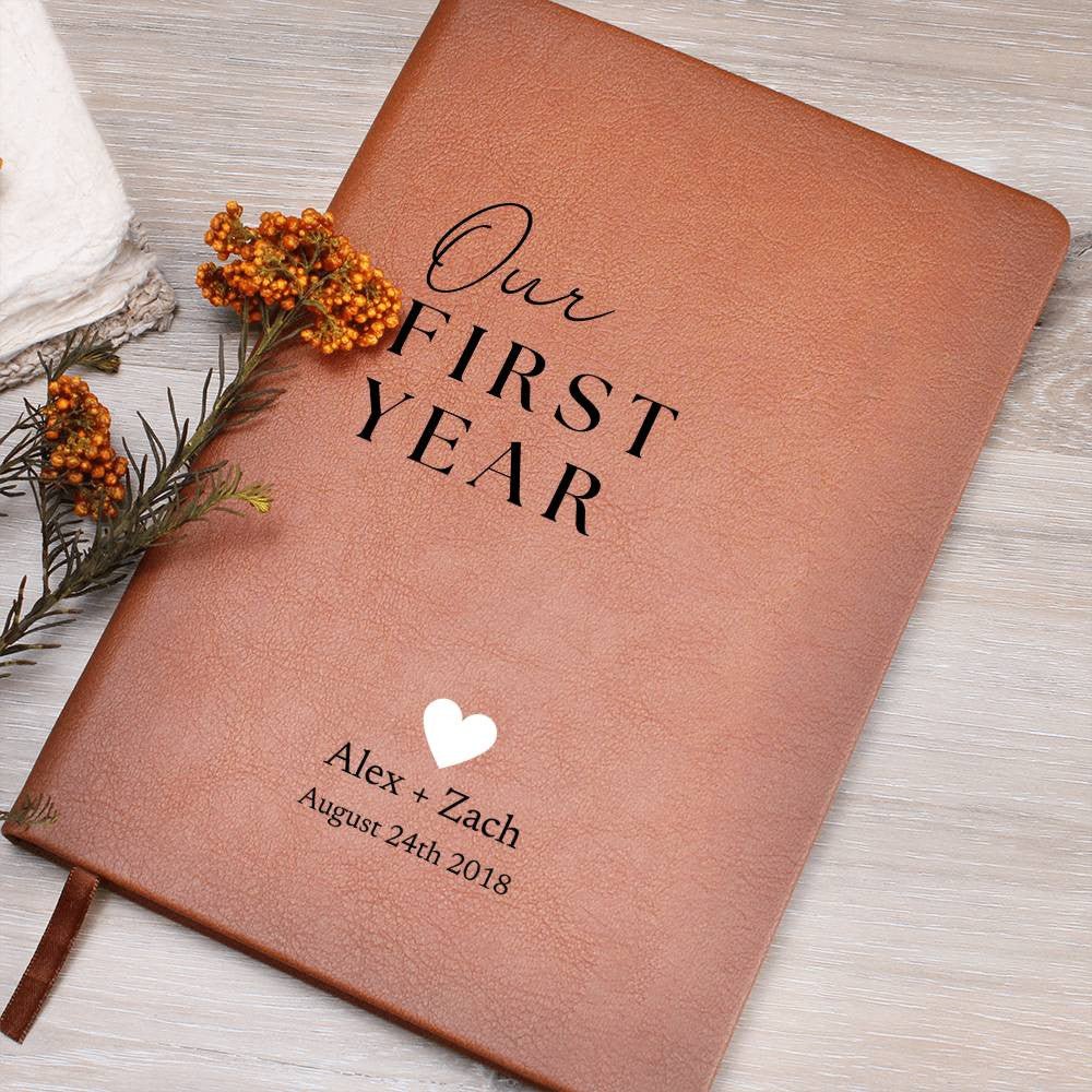 Our First Year - Custom Leather Journal - Couples Notebook - Liliana and Liam