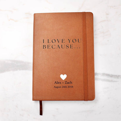 Personalized Leather Journal - I Love You Because - Custom Leather Notebook For The One You Love - Wedding or Anniversary Gift - Love Letters, Memory Book - Liliana and Liam
