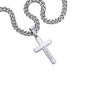 Silver chain necklace with a cross pendant on a white background