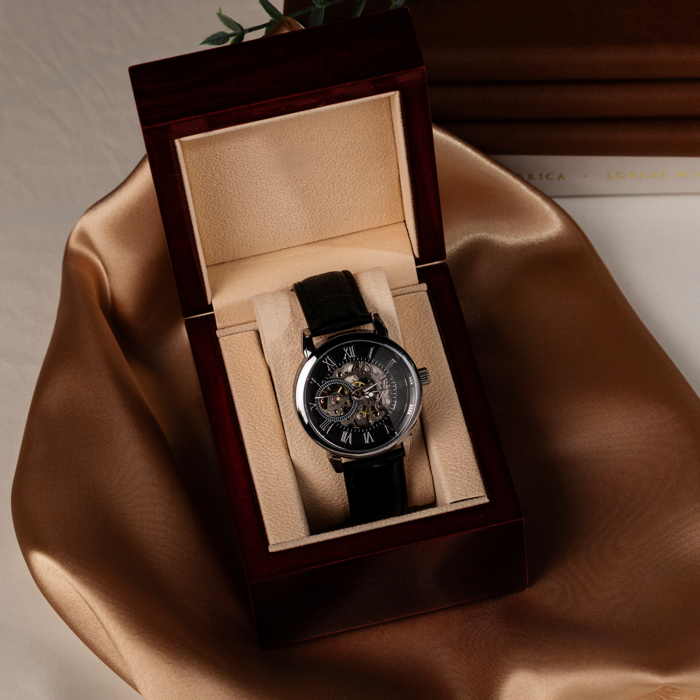 Luxury skeleton watch presented in a premium wooden gift box