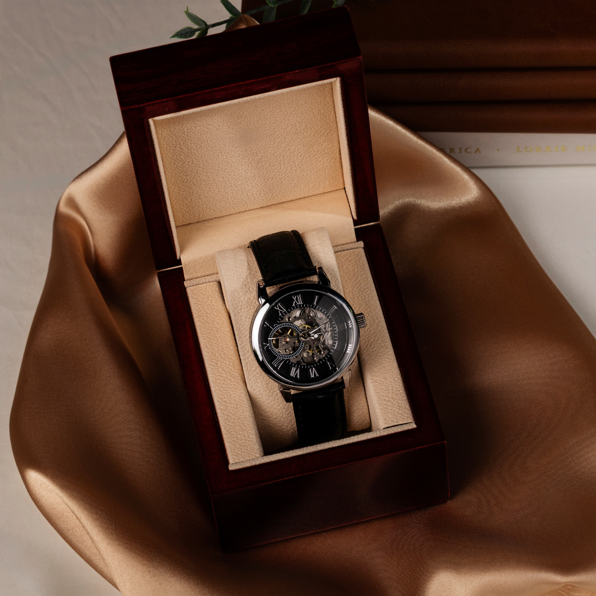 Luxury skeleton watch presented in a premium wooden gift box