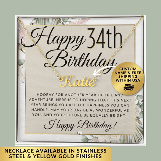34th Birthday Gift For Her - Name Necklace Gift For A 34 Year Old's Birthday - The Perfect Personalized Present - Liliana and Liam