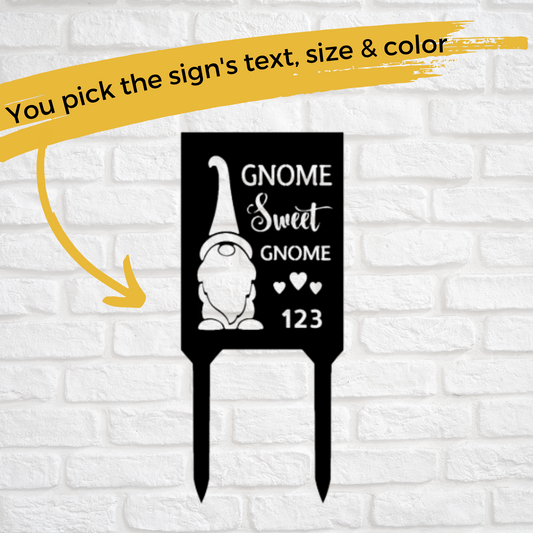 Custom Metal Yard Stake - Gnome Sweet Gnome Sign - House Number Address