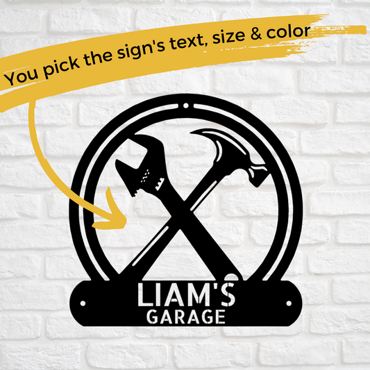 Tool Sign with Hammer, Wrench Monogram - Custom Metal Sign - Workshop Wall Art - Liliana and Liam