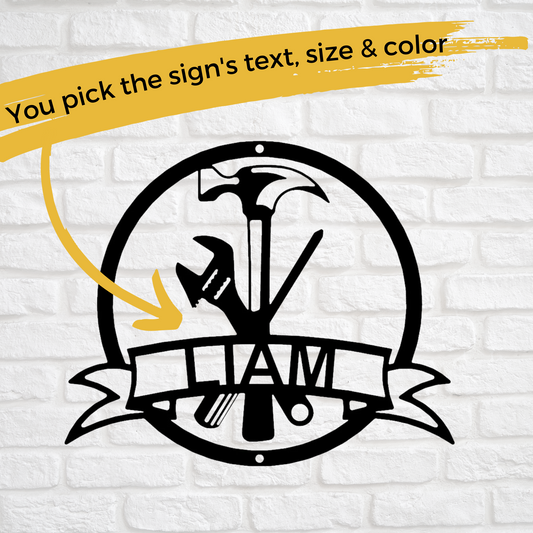 Tool Sign with Hammer, Screwdriver, Wrench Monogram - Custom Metal Sign - Garage Wall Art - Liliana and Liam
