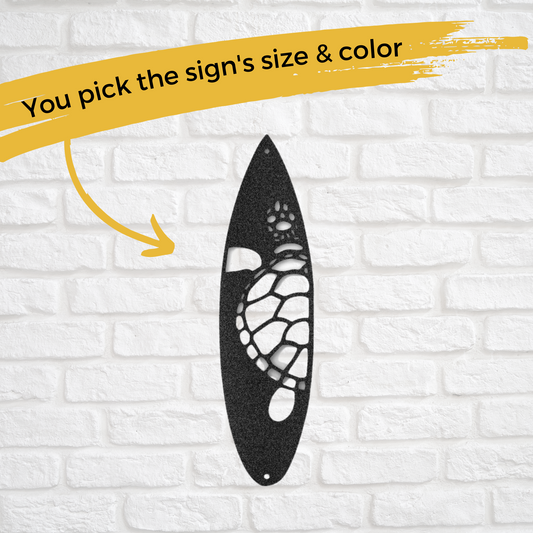 Custom Metal Surfboard with Sea Turtle Sign - Poolside Decor