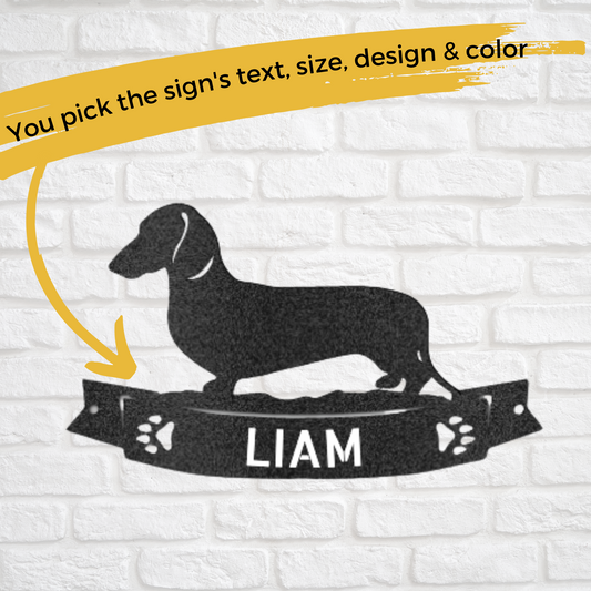 Custom Metal Dachshund Dog Sign with Paw Print Banner - Pet Decor