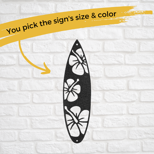 Custom Metal Surfboard with Tropical Flowers Sign - Poolside Decor
