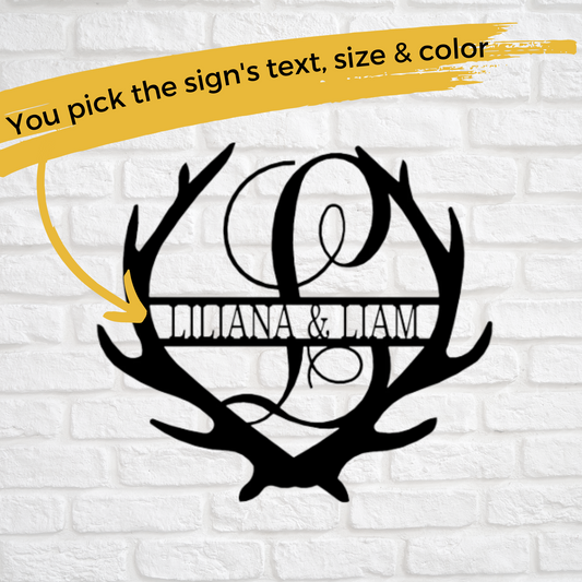 Family Name with Antlers - Custom Metal Sign - Outdoorsmen Wall Art - Liliana and Liam