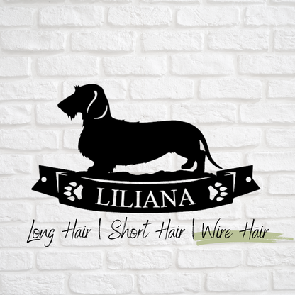 Dachshund Dog Sign with Paw Print Banner - Personalized Metal Sign - Short Hair, Long Hair, Wire Hair Versions Available
