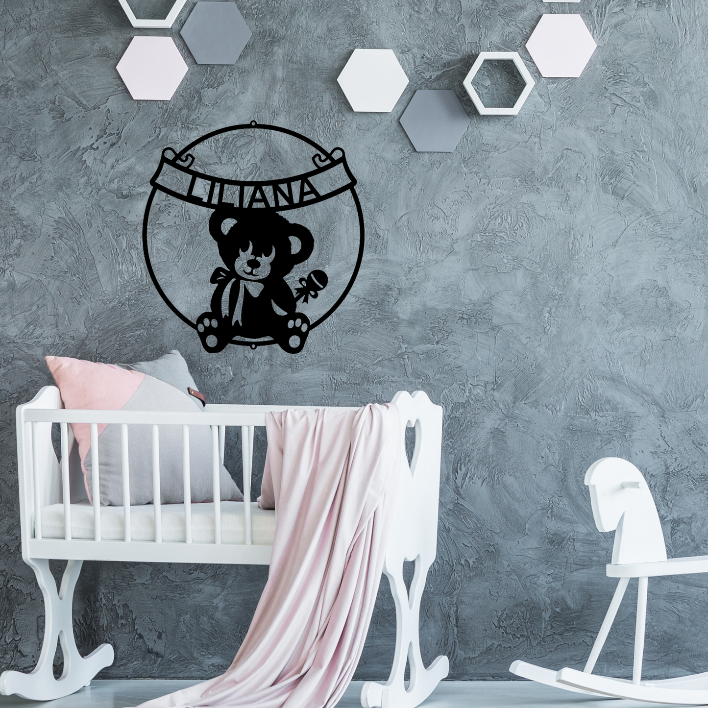 Personalized Nursery Sign with Custom Text, Teddy Bear with Rattle, Metal Monogram, Nursery Decor, Metal Wall Art, Gift for Baby Shower