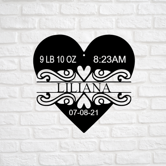 Personalized Newborn Metal Sign, Heart Shaped Monogram Metal Sign, Nursery Decor, Birth Milestone Display