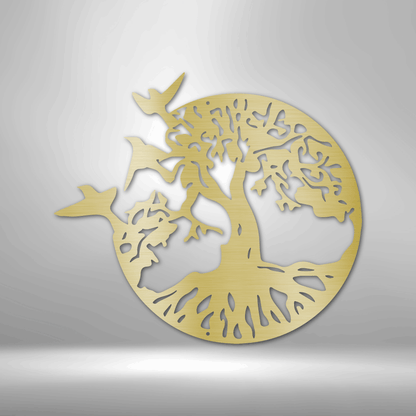 Tree with Three Flying Birds - Metal Sign