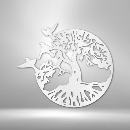 Tree with Three Flying Birds - Metal Sign