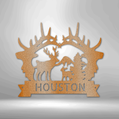 Outdoor Monogram Sign: Antler Framed Buck and Fawn - Personalized Metal Sign - Wildlife Outdoor Decor, Lake House Sign, Cabin Sign - Year Long Outdoor Decor