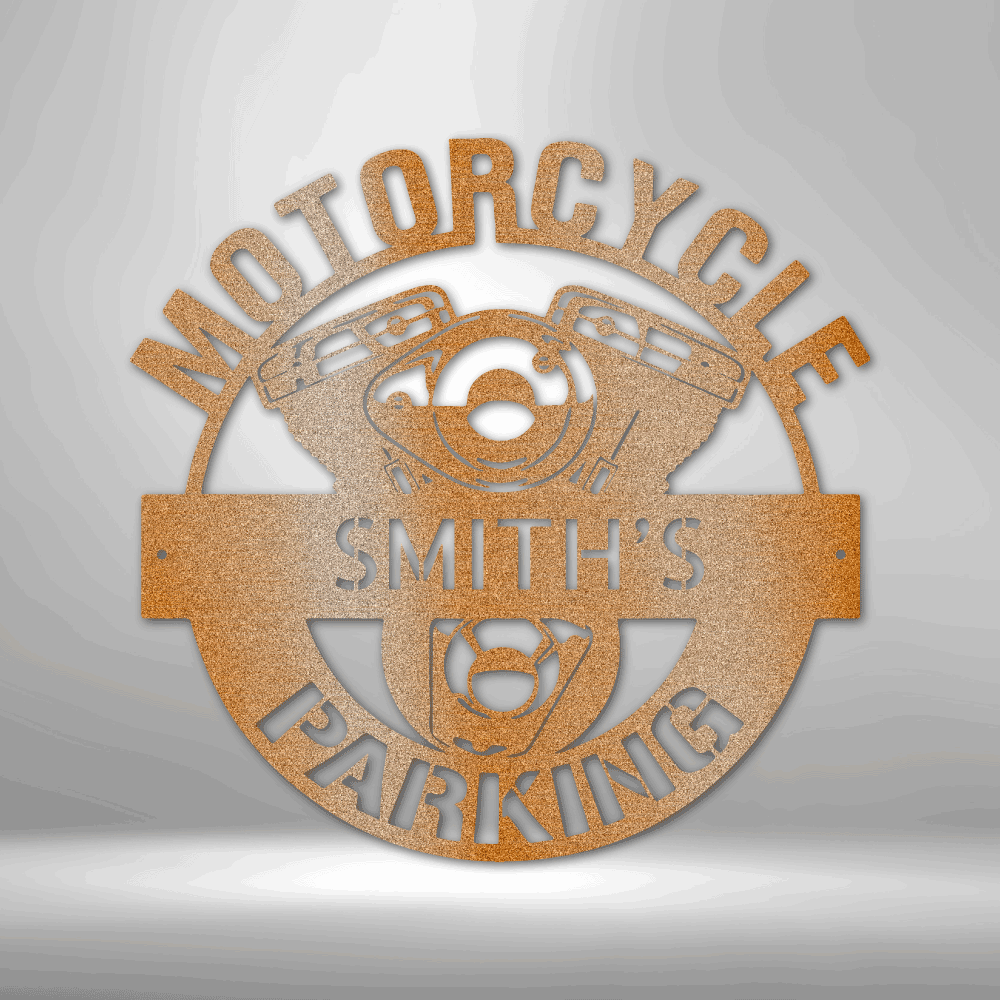 Motorcycle Sign - Personalized Metal Sign - Motorcycle Parking Monogram with Engine