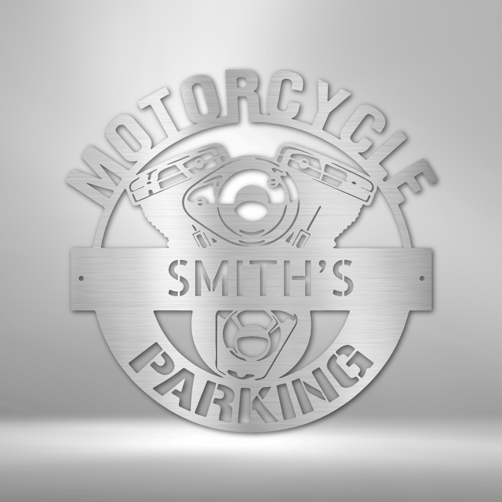 Motorcycle Sign - Personalized Metal Sign - Motorcycle Parking Monogram with Engine