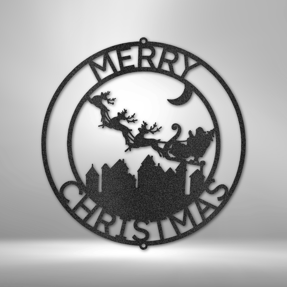 Personalized Christmas Metal Wall Sign, Santa Claus Over City, Christmas Decor, Custom Holiday Decor, Holiday Gift, Christmas Wreath Door Decor