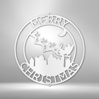 Personalized Christmas Metal Wall Sign, Santa Claus Over City, Christmas Decor, Custom Holiday Decor, Holiday Gift, Christmas Wreath Door Decor