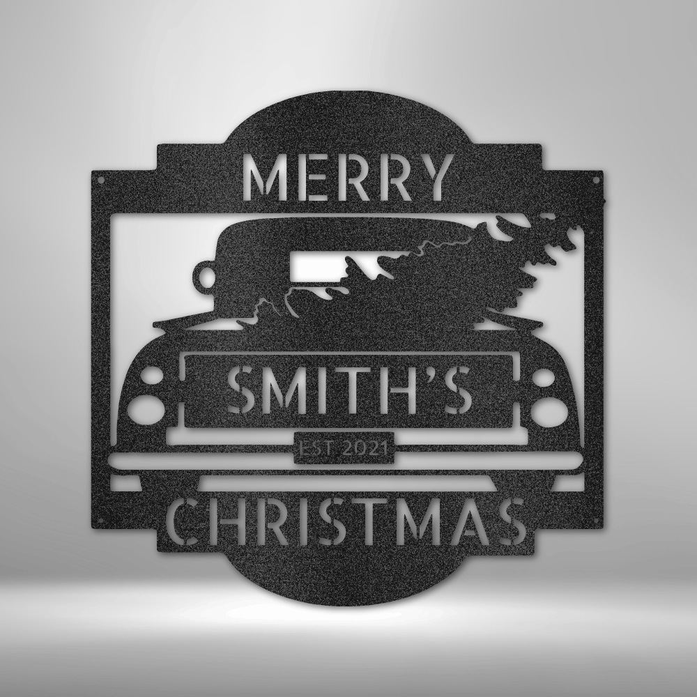 Personalized Christmas Truck Monogram Metal Wall Sign, Christmas Decor, Custom Holiday Decor, Holiday Gift, Christmas Wreath Door Decor