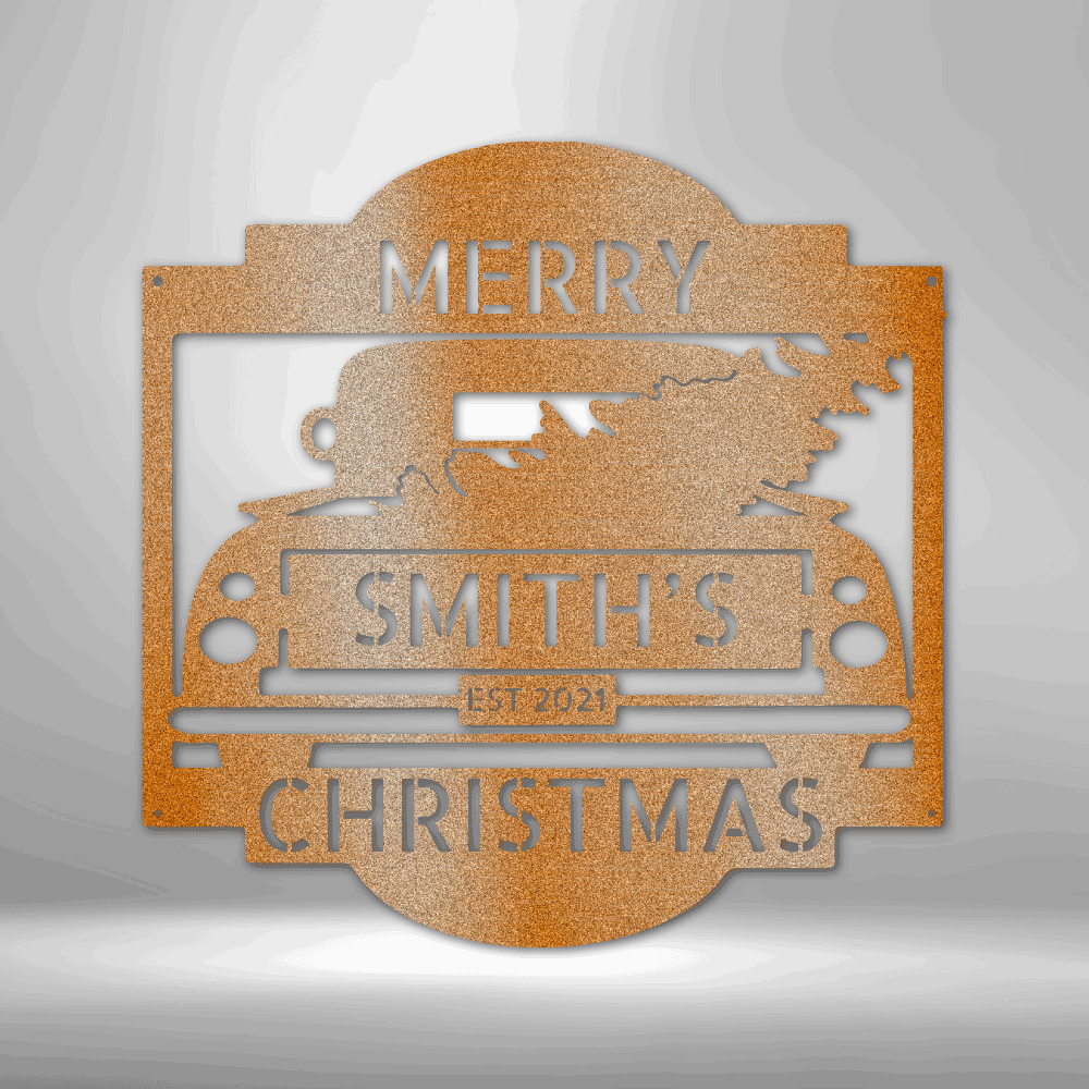 Personalized Christmas Truck Monogram Metal Wall Sign, Christmas Decor, Custom Holiday Decor, Holiday Gift, Christmas Wreath Door Decor