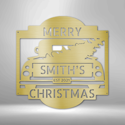 Personalized Christmas Truck Monogram Metal Wall Sign, Christmas Decor, Custom Holiday Decor, Holiday Gift, Christmas Wreath Door Decor
