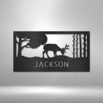 Grazing Deer - Personalized Metal Sign, Cabin Sign, Hunting Lodge, Man Cave Decor, Dad's Den