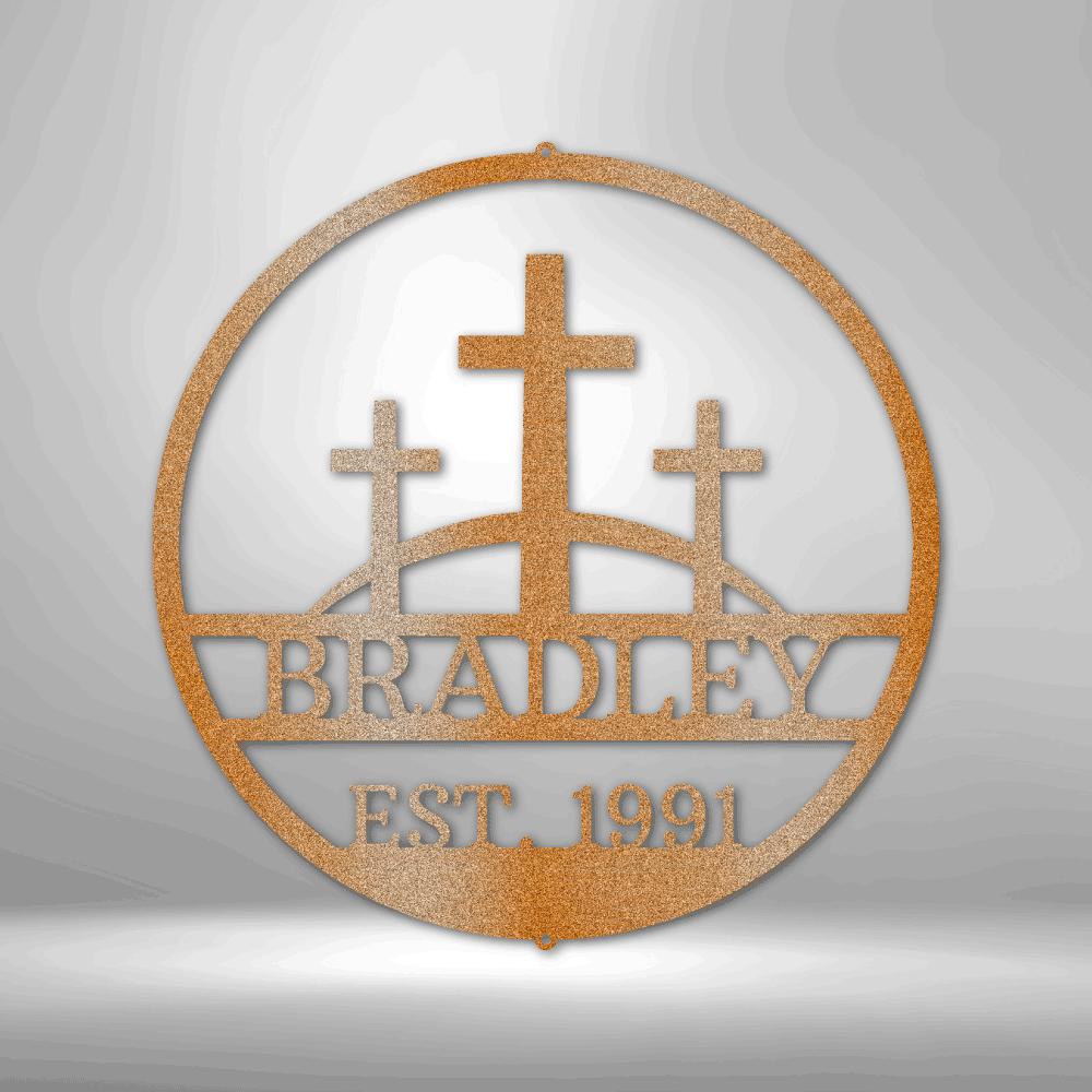 Three Crosses On A Hill - Custom Metal SIgn - Christian Metal Wall Art, Christian Decor