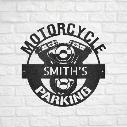Motorcycle Sign - Personalized Metal Sign - Motorcycle Parking Monogram with Engine