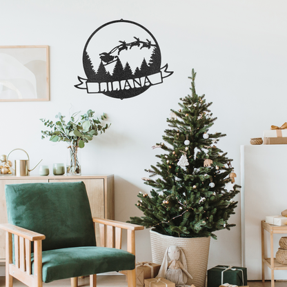 Personalized Santa Metal Wall Sign, Santa in His Sleigh, Custom Christmas Decor, Custom Name Sign, Holiday Gift, Christmas Wreath