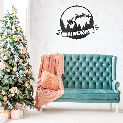 Personalized Santa Metal Wall Sign, Santa in His Sleigh, Custom Christmas Decor, Custom Name Sign, Holiday Gift, Christmas Wreath