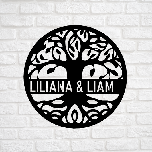 Family Tree Wall Art - Custom Metal Sign - Circle with Custom Text Banner