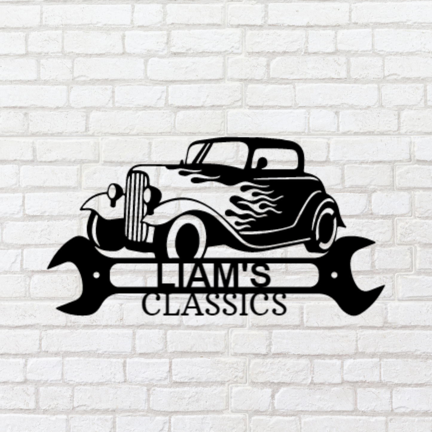 Flaming Hot Rod Sign - Personalized Metal Sign - Classic Speedster Monogram with Wrench