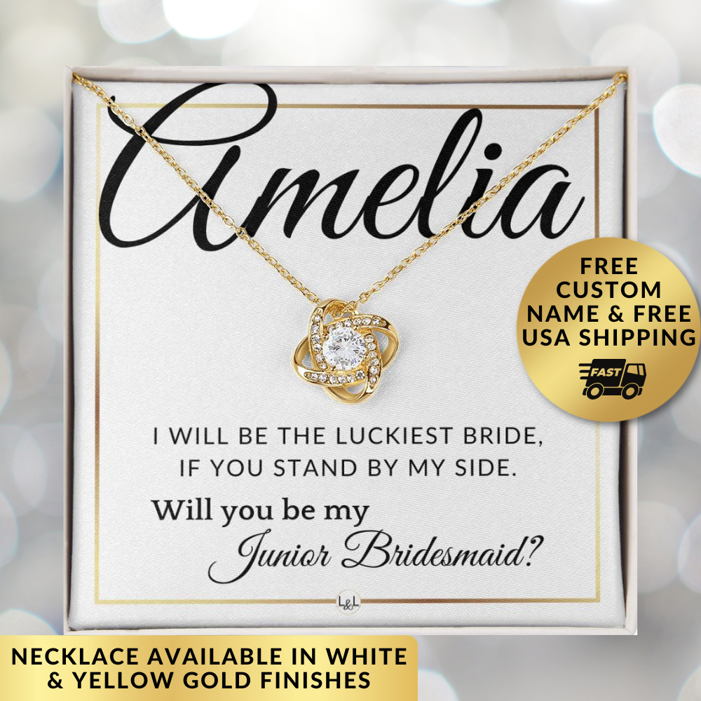 Junior Bridesmaid Proposal - Wedding Party Necklace - Gift From Bride - Will you be by my side- Custom Name - Elegant White and Gold Wedding Theme