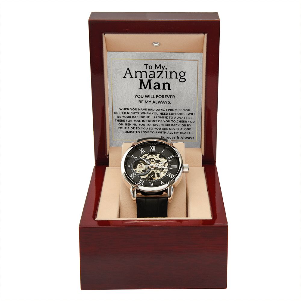 To My Man - Forever My Always - Men's Openwork Watch + Watch Box - Meaningful Christmas, Valentine's Day Birthday, or Anniversary Present For Him