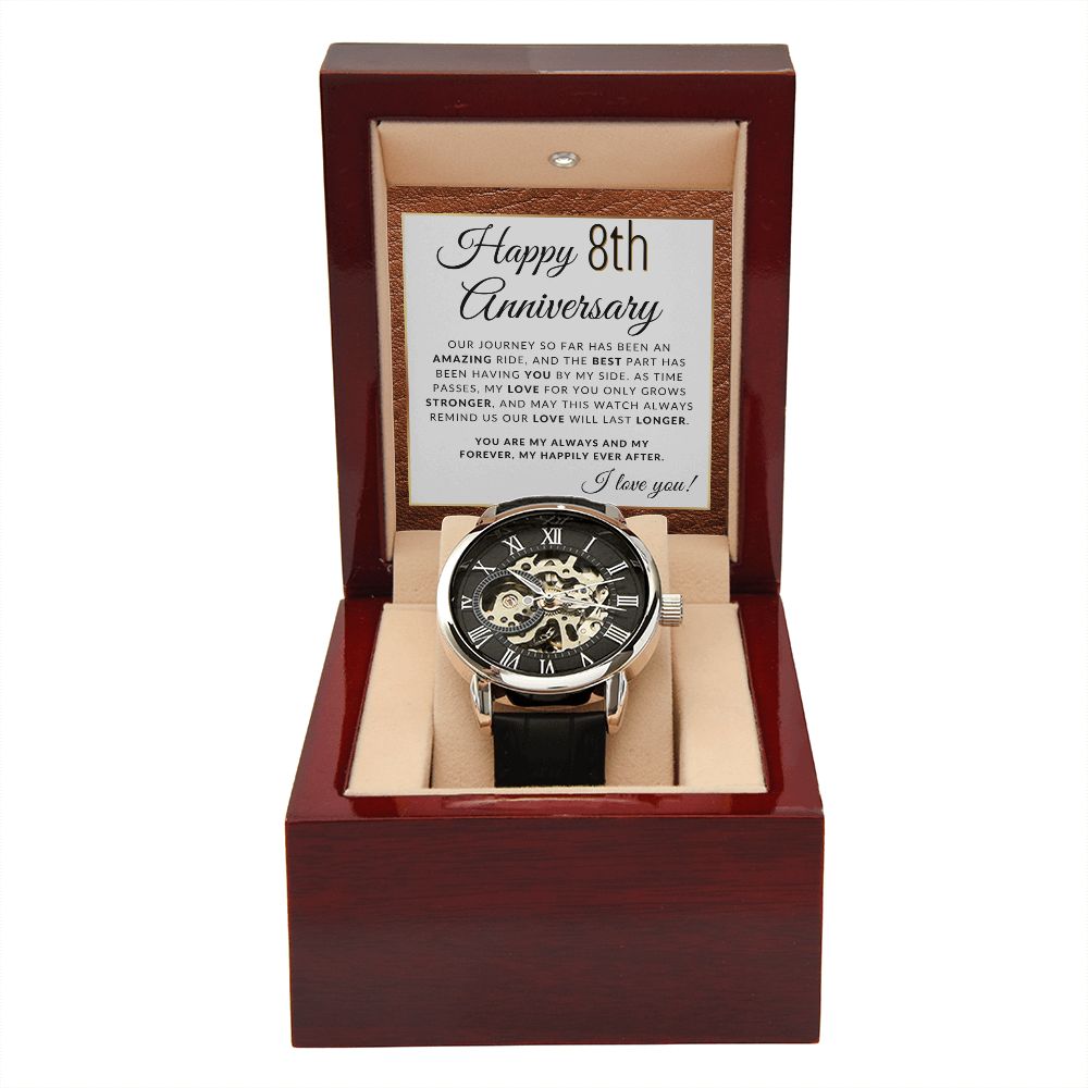 8 Year Anniversary Gift for Him - Men's Openwork Watch + Watch Box - Great Anniversary Gift Idea For Husband, From Wife