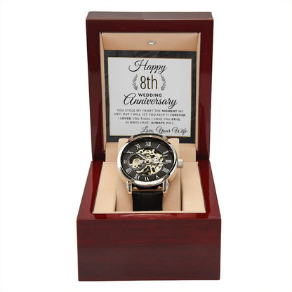 8th Wedding Anniversary - Openwork Skeleton Watch + LED Watch Box - Gift for Husband - Liliana and Liam