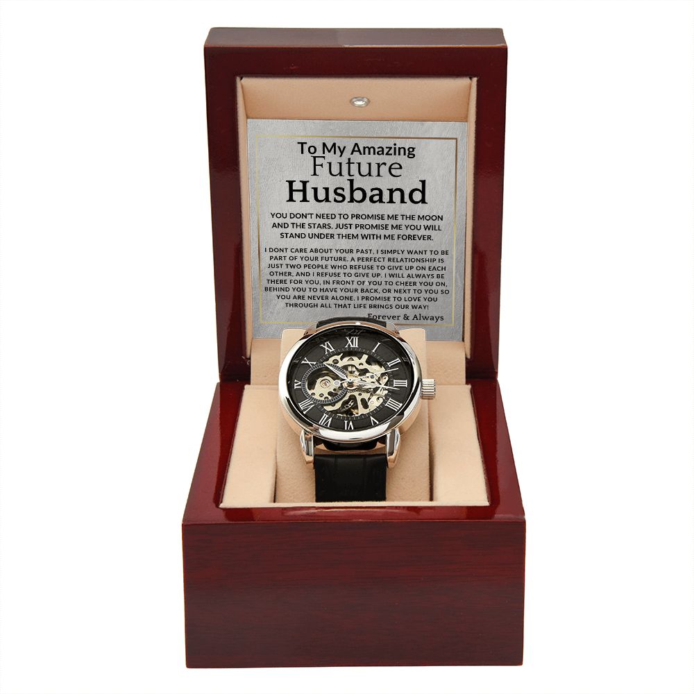 To My Future Husband - Moon And Stars - Men's Openwork Watch + Watch Box - Meaningful Christmas, Valentine's Day Birthday, or Anniversary Present For Him