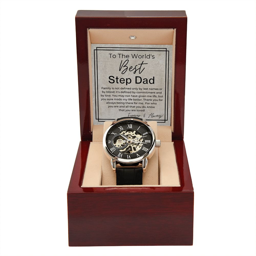 The World's Best Step Dad - Gift for Step Dad -  Men's Openwork Watch + Watch Box