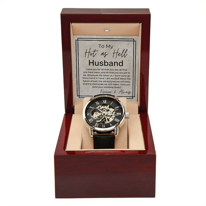 For All That You Are - Gift for My Hot Husband - Men's Openwork, Self Winding Watch + Watch Box