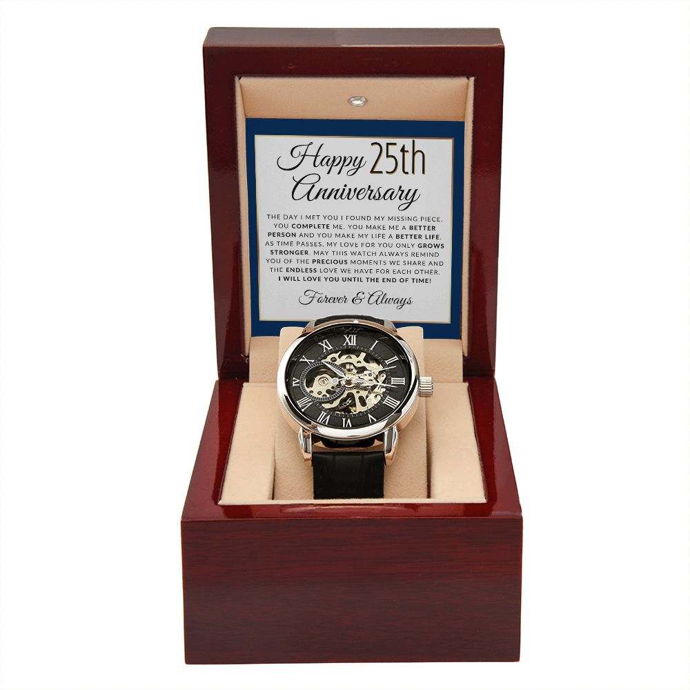 Anniversary Gift for Him 25 Year - Men's Openwork Watch + Watch Box - Great Anniversary Gift Idea For Husband, From Wife