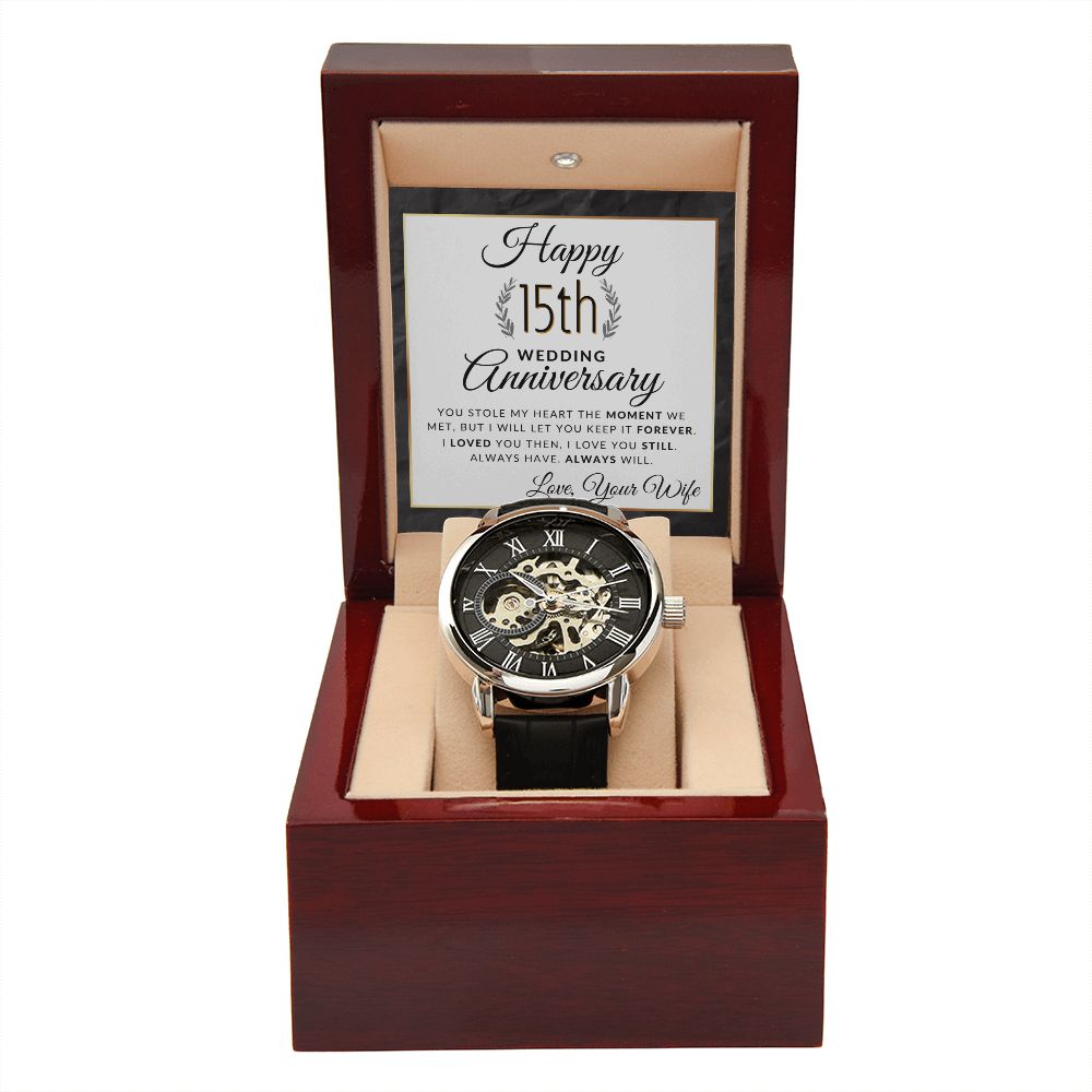 15th Wedding Anniversary Gift for Him Men's Openwork Watch