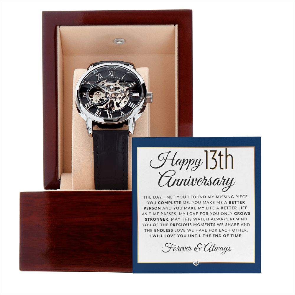 Anniversary Gift for Him 13 Year - Men's Openwork Watch + Watch Box - Great Anniversary Gift Idea For Husband, From Wife
