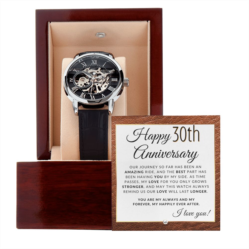 30 Year Anniversary Gift for Him - Men's Openwork Watch + Watch Box - Great Anniversary Gift Idea For Husband, From Wife
