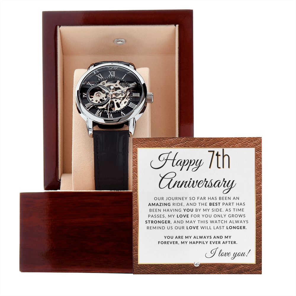 7 Year Anniversary Gift for Him - Men's Openwork Watch + Watch Box - Great Anniversary Gift Idea For Husband, From Wife