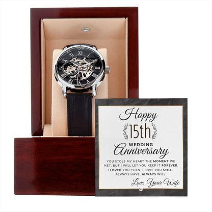 15th Wedding Anniversary - Openwork Skeleton Watch + LED Watch Box - Gift for Husband - Liliana and Liam