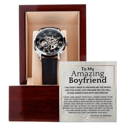 To My Boyfriend - Moon And Stars - Men's Openwork Watch + Watch Box - Meaningful Christmas, Valentine's Day Birthday, or Anniversary Present For Him